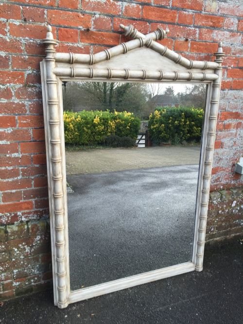 A Highly Unusual Large Antique 19th Century French Original Carved Wood  Painted Faux Bamboo Mirror.