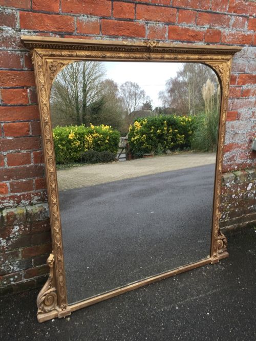 A Very Useful Size Antique 19th Century English Carved Wood & Gesso Gilt Overmantel Mirror.