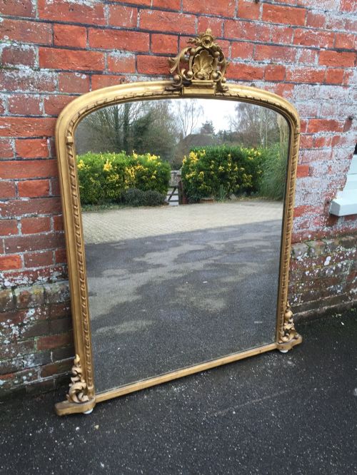 A Very Useful Antique 19th Century English Carved Wood Original Gilt Overmantal Mirror.