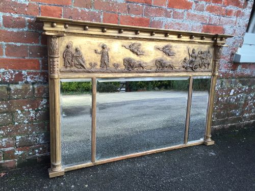 A Stunning Antique Early 19th Century English Original Carved Wood & Gilt Triple Plate Overmantel Mirror.