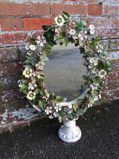A Wonderful Highly Unusual Early 20th Century French Original Tole Flowered and Cream Leaf Dressing Mirror.