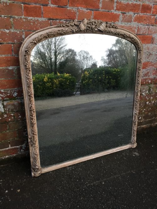 A Very Useful Antique 19th Century French Carved Wood & Gesso Painted Arched Distressed Overmantel Mirror.