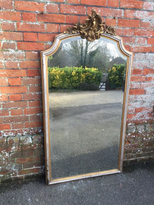A Highly Decorative Large Antique 19th Century French Carved Wood & Gesso Original Silver and Gilt Shaped Top Mirror.