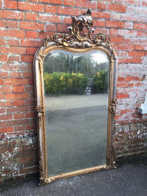 A Stunning Large Early Antique 19th Century French Original Carved Wood and Gesso Silver and Gilt Shaped Top Mirror.
