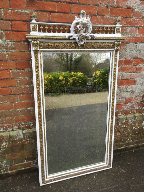 A Fabulous Large Antique 19th Century French Carved Wood & Gesso Gilt Silver and Cream Painted Mirror.