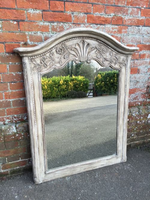 A Useful Size Antique 19th Century French Carved Wood Shaped Top Distressed Painted Mirror.