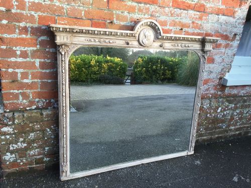 A Highly Unusual Large Antique 19th Century Carved Wood & Gesso Painted Overmantle Mirror.