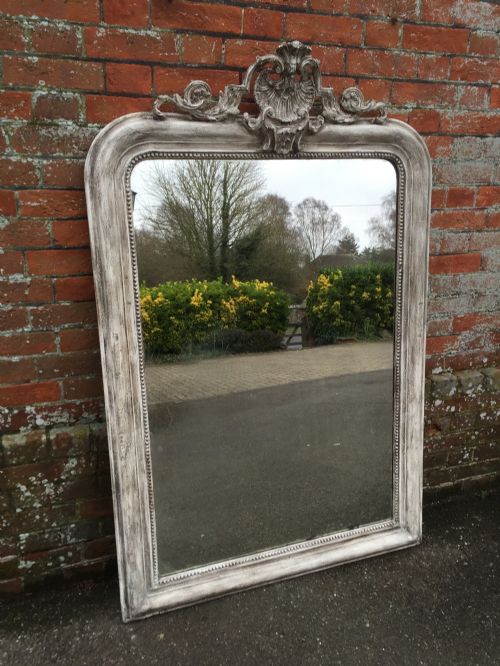 A Fabulous Highly Decorative Large Antique 19th Century French Carved Wood and Gesso Distress Painted Arched Top Mirror.