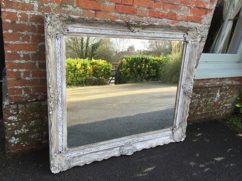 A Fabulous Large Antique 19th Century French Carved Wood Distressed Painted Mirror.