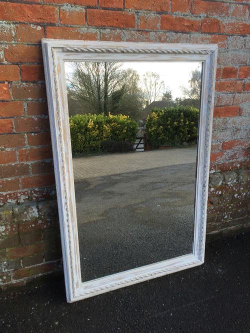 A Good Size Antique 19th Century French Carved Wood Painted Distressed Rope Twist Framed Mirror.