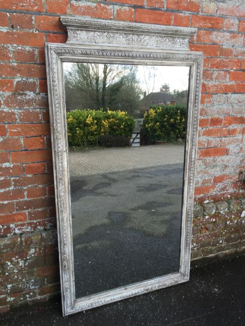 A Stunning Large Antique 19th Century French Shaped Top Carved Wood & Gesso Distressed Painted Mirror.