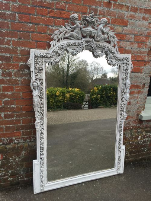 An Absolutely Stunning Large Shaped Top Highly Unusual Large Antique 19th Century French Carved Wood & Gesso Decorative Painted Mirror.