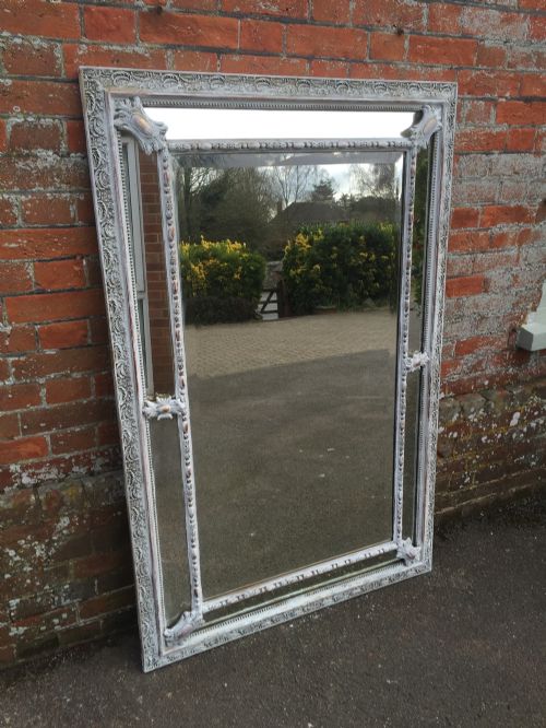 A Superb Large Antique 19th Century French Carved Wood & Gesso Distressed Painted Cushion Mirror.