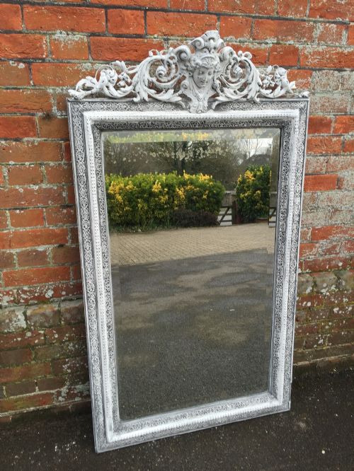 A Highly Decorative Large Antique 19th Century French Carved Wood & Gesso Painted Mirror.