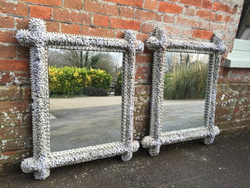 A Stunning Highly Unusual Decorative Antique 19th Century Near Pair of Carved Wood and Cork Painted Mirrors.