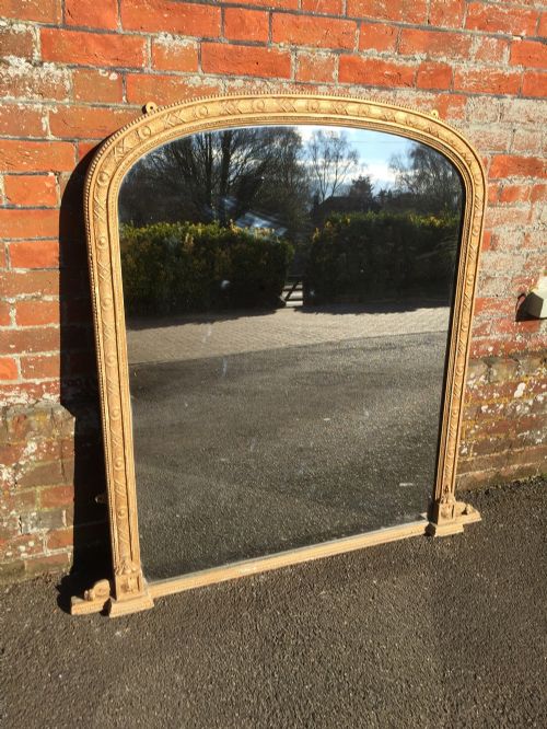 A Very Useful Large Antique 19th Century English Plain Original Distressed Gilt Arched Mirror.