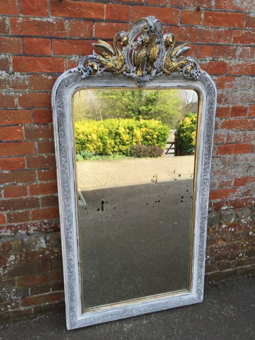A Stunning Highly Unusual Antique 19th Century French Carved Wood & Gesso Arched Top Painted Mirror.