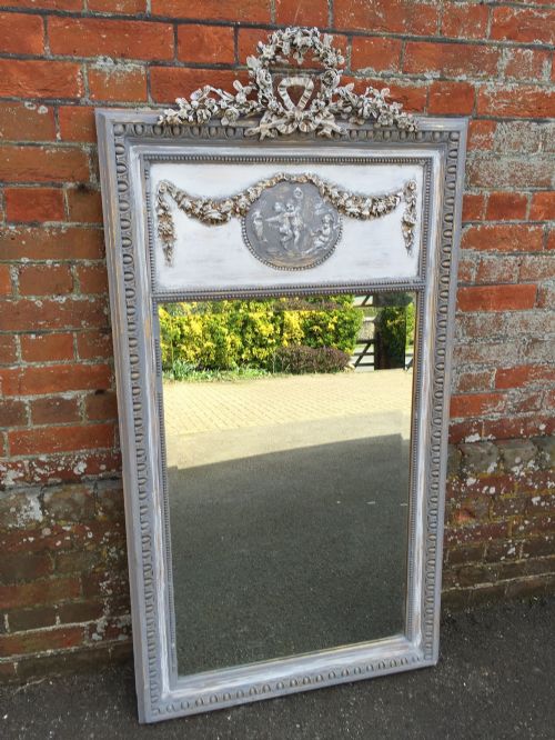 A Highly Decorative Antique 19th Century French Carved Wood & Gesso Distressed Painted Mirror.