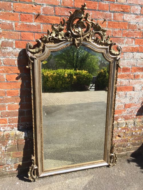 A Superb Antique 19th Century French Carved Wood & Gesso Original Silver/gilt Shaped Top Mirror.