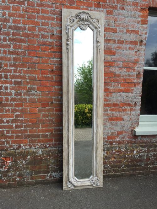 A Fabulous Highly Unusual Extra Large Antique 19th Century French Carved Wood & Gesso Narrow Distressed Painted Mirror.