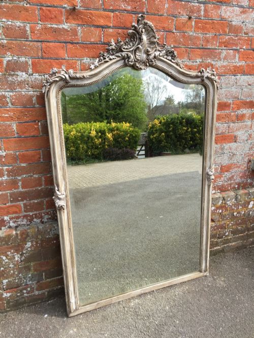 A Stunning Large Antique 19th Century French Carved Wood & Gesso Shaped Top Distressed Painted Mirror.