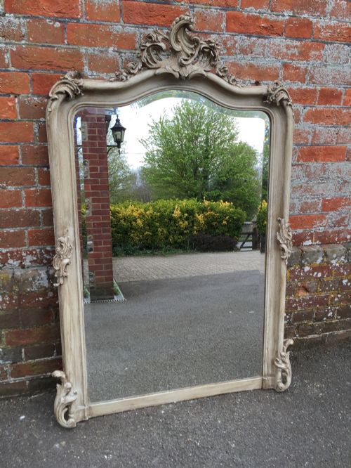 A Wonderful Good Size Antique 19th Century French Carved Wood & Gesso Shaped Top Painted Mirror.