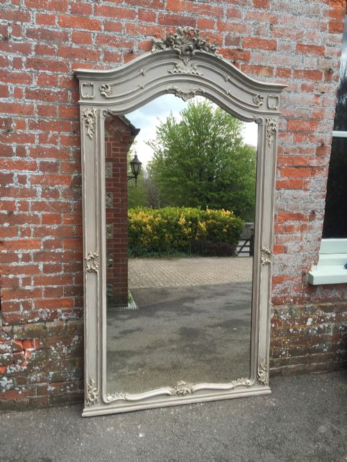 A Spectacular Large Antique 19th Century French Carved Wood Painted Shaped Top Mirror.
