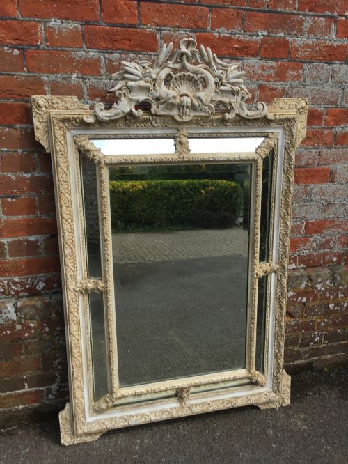 A Stunning Good Size Antique 19th Century Carved Wood & Gesso Painted Cushion Mirror.