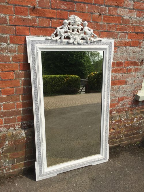 A Highly Decorative Large Antique 19th Century French Carved Wood & Gesso Distressed Painted Mirror.