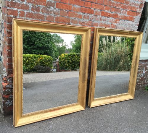 A Very Useful Size Early Pair of Antique 19th Century French Original Gilt Distressed Plain Bistro Mirrors.
