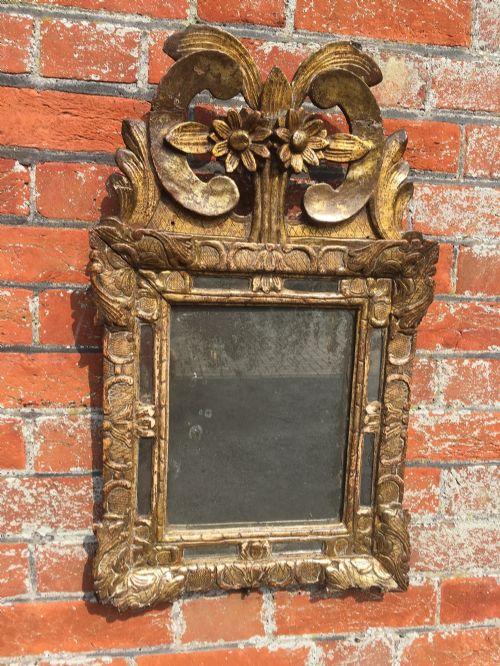 A Delightful Antique 18th Century Italian Original Carved Wood Water Gilded Cushion Mirror.