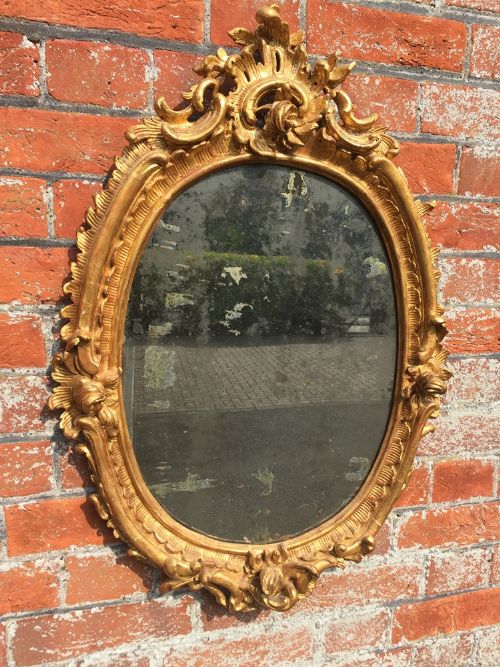 A Fabulous Antique 18th Century Italian Original Carved Wood Gilded Oval Mirror.