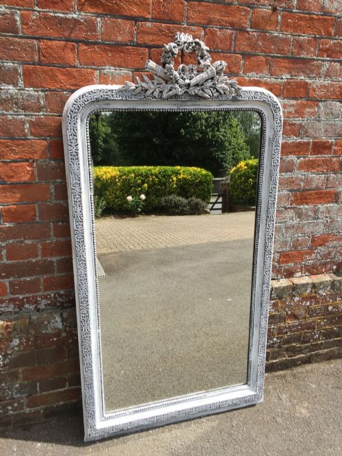 A Highly Decorative Large Antique 19th Century French Arched Top Distressed Painted Mirror