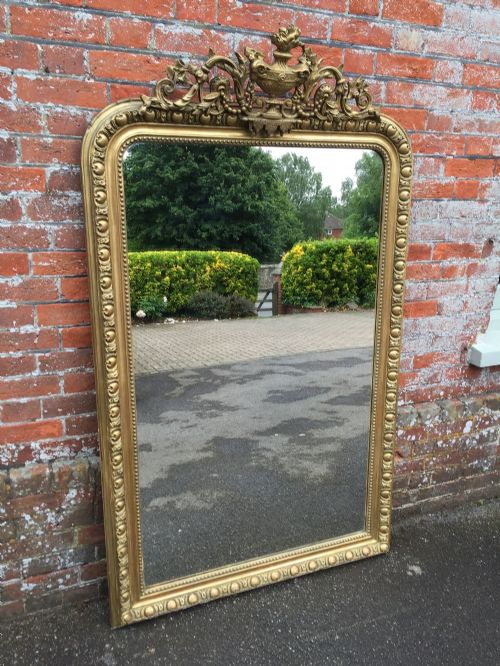 A Stunning Large Antique 19th Century French Carved Wood and Gesso Arched Top Original Gilt Mirror.