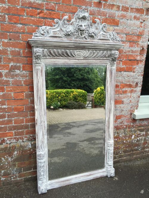 A Fabulous Highly Decorative Large Antique 19th Century French Carved Wood Distressed Painted Mirror.
