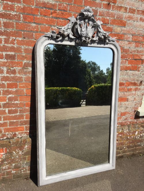 An Exceptional Large Highly Unusual Antique 19th Century French Decorative Carved Wood & Gesso Distressed Painted & Silvered Mirror.