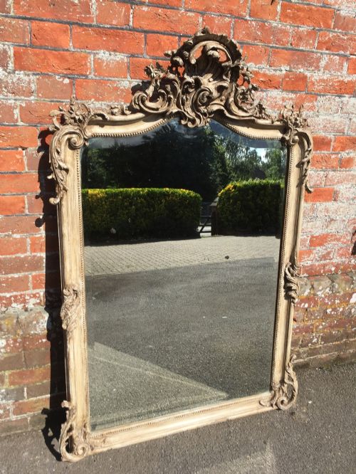 A Stunning Large Antique 19th Century French Carved Wood & Gesso Painted Shaped Top Mirror.