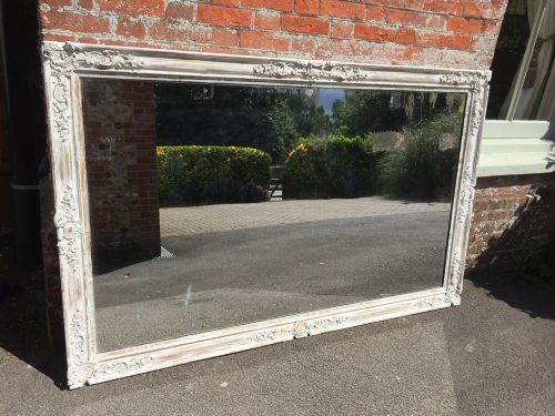 A Fabulous Large Highly Early Antique 19th Century French Carved Wood and Gesso Distressed Painted Louis Philippe Mirror.