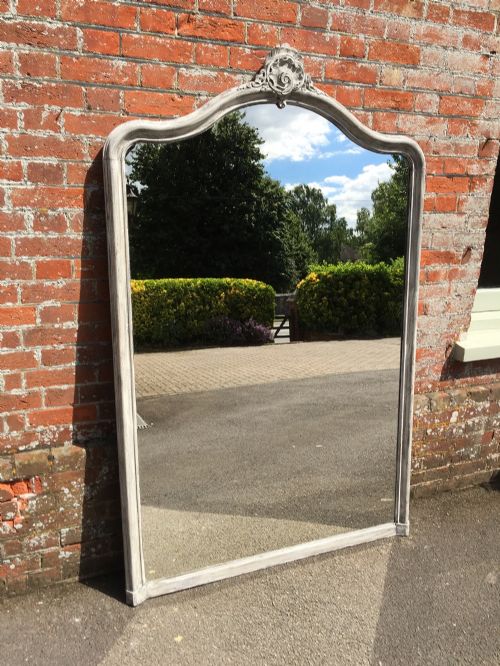 A Stunning Large Antique 19th Century French Carved Wood Painted Shaped Top Mirror.