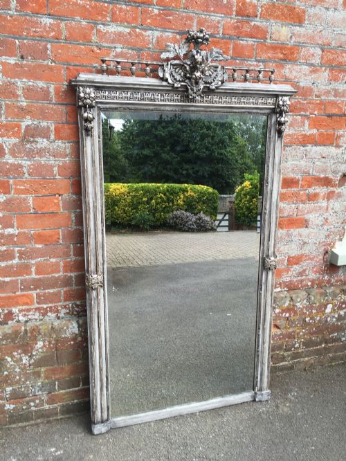 A Stunning Highly Decorative Large Antique 19th Century French Carved Wood & Gesso Silvered & Distressed Painted Mirror.