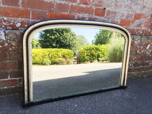 A Very Useful Antique 19th Century English Original Silvered & Black Painted Arched Overmantal Mirror.