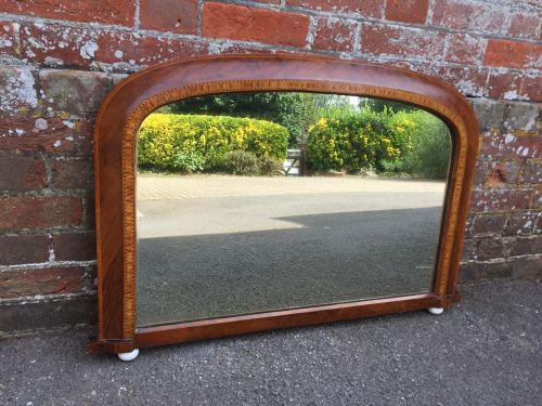 A Very Useful Size Antique 19th Century English Arched Original Carved Wood Overmantle Mirror.