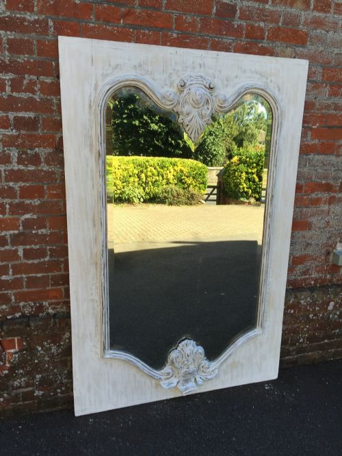 A Superb Large Antique 19th Century French Highly Decorative Carved Wood and Gesso Painted Shaped Mirror.