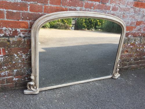 A Highly Useful Antique 19th Century English Carved Wood & Gesso Arched Painted Overmantle Mirror.