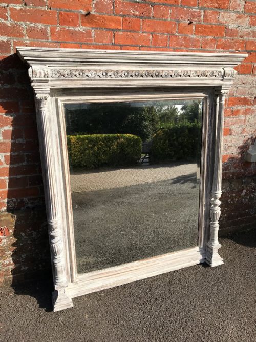 A Spectacular Large Antique 19th Century French Carved Wood Distressed Painted Column Framed Mirror.