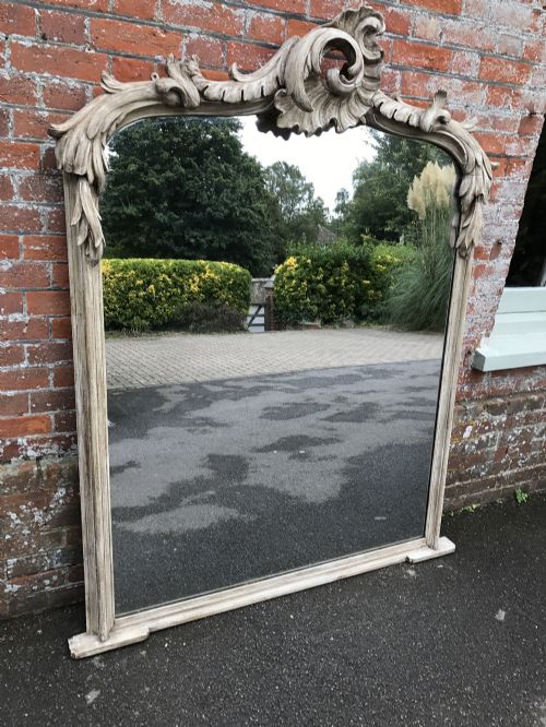 A Delightful Large Antique 19th Century French Carved Wood Painted Arched Top Overmantel Mirror.