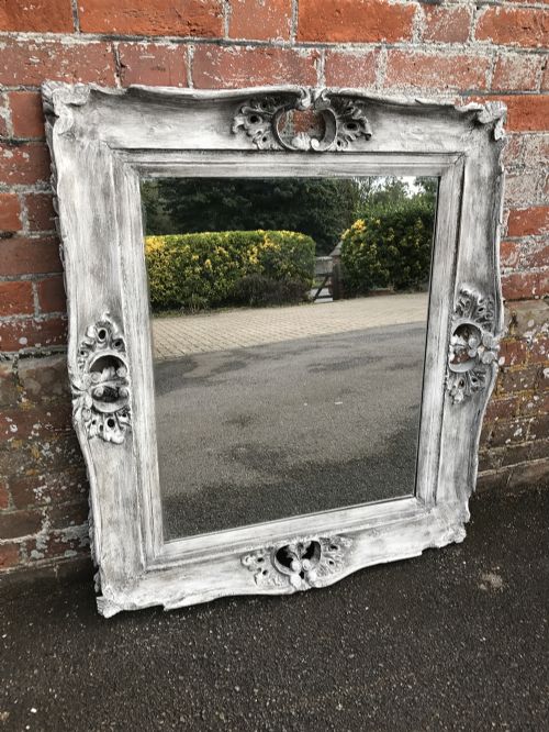 A Good Size 19th Century Antique Carved Wood Distressed Painted Mirror.