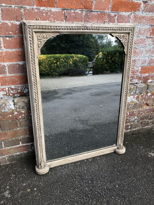 A Very Useful Size Antique 19th Century Carved Wood and Gesso Painted Overmantel Mirror.