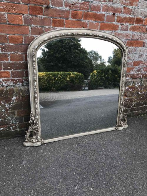 A Very Useful Size Antique 19th Century English Carved Wood & Gesso Painted Overmantel Mirror.
