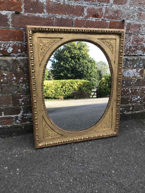 A Very Useful Size Antique 19th Century English Original Carved Wood Gilt Oval Framed Mirror.